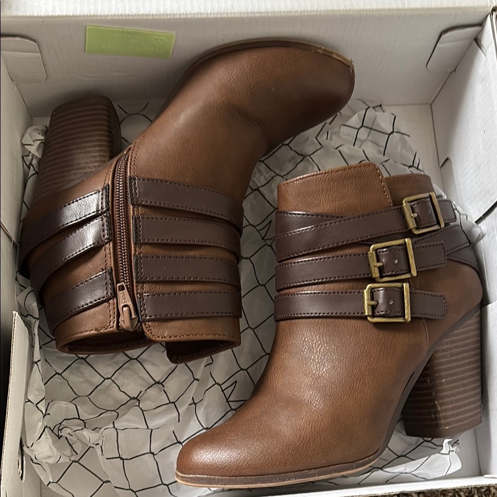 Material Girl Brown Leather Ankle Boots with Buckle Straps